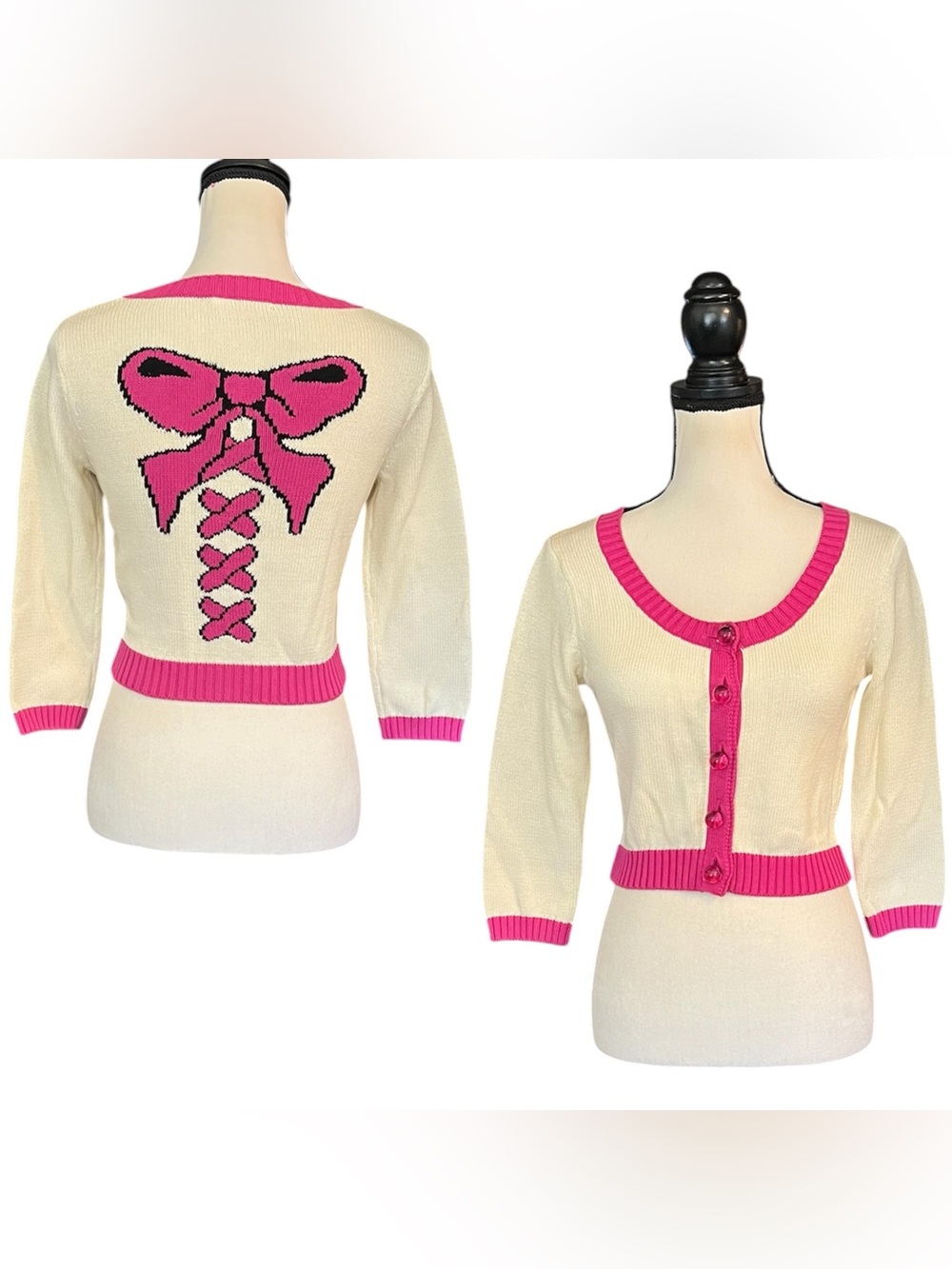 Vintage Betsey Johnson Pink Bow Gumball Button Knit Sweater Cardigan